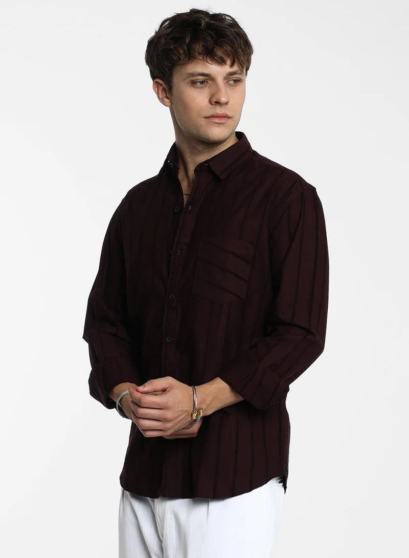 كامبوس سوترا Men's Wine Red Pastel Striped Shirt