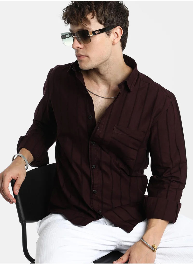 كامبوس سوترا Men's Wine Red Pastel Striped Shirt