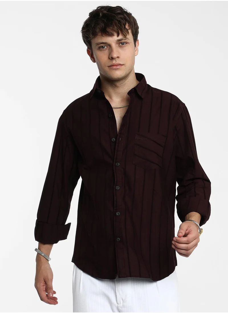 كامبوس سوترا Men's Wine Red Pastel Striped Shirt