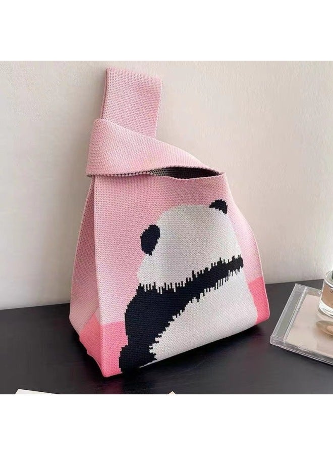 Xipu Cute Panda Knitted Handbag National Trendy Cartoon Wool Women's Bag Wrist Bag Summer Fashion Korean-style All-match-Color:Pink-BACK BEAR - Image 1