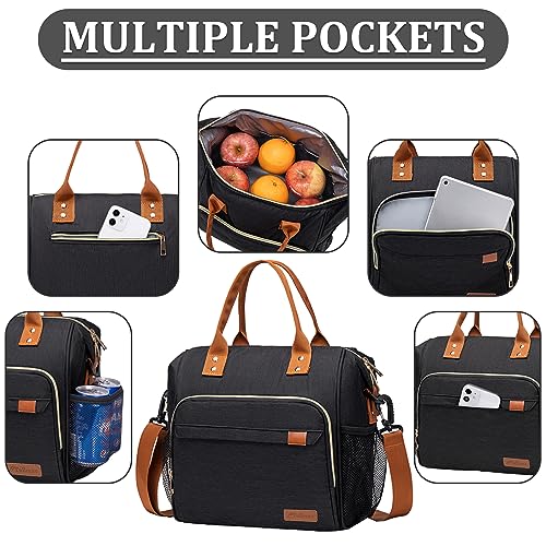 TuErCao Black Lunch Box for Women Insulated Lunch Bag for Work - Adult Stylish Lunch Tote Bag for Shopping Soft Cooler for Beach Picnic Travel - Image 2
