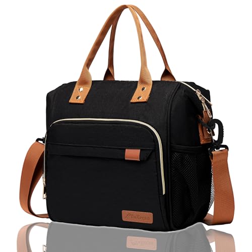 TuErCao Black Lunch Box for Women Insulated Lunch Bag for Work - Adult Stylish Lunch Tote Bag for Shopping Soft Cooler for Beach Picnic Travel - Image 1