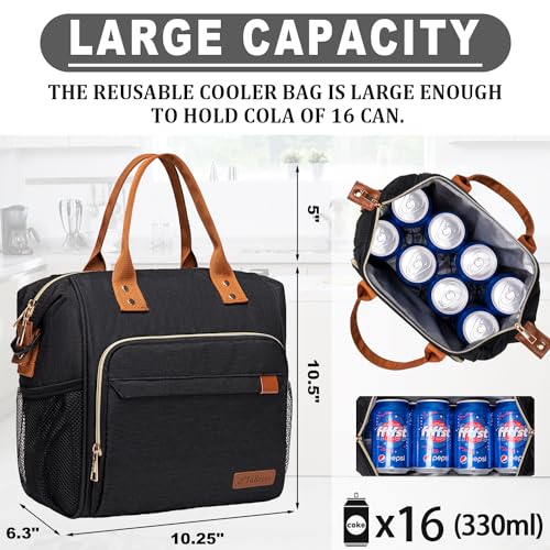 TuErCao Black Lunch Box for Women Insulated Lunch Bag for Work - Adult Stylish Lunch Tote Bag for Shopping Soft Cooler for Beach Picnic Travel - Image 4