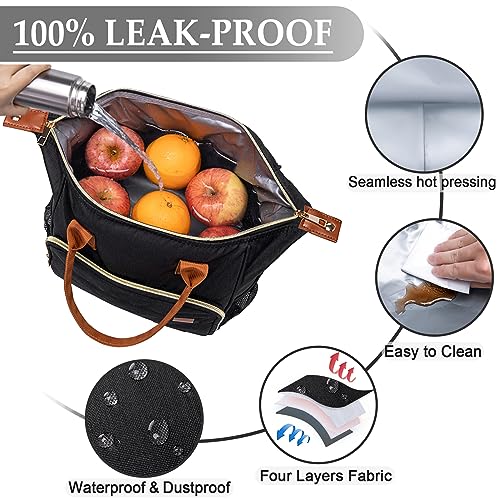 TuErCao Black Lunch Box for Women Insulated Lunch Bag for Work - Adult Stylish Lunch Tote Bag for Shopping Soft Cooler for Beach Picnic Travel - Image 3