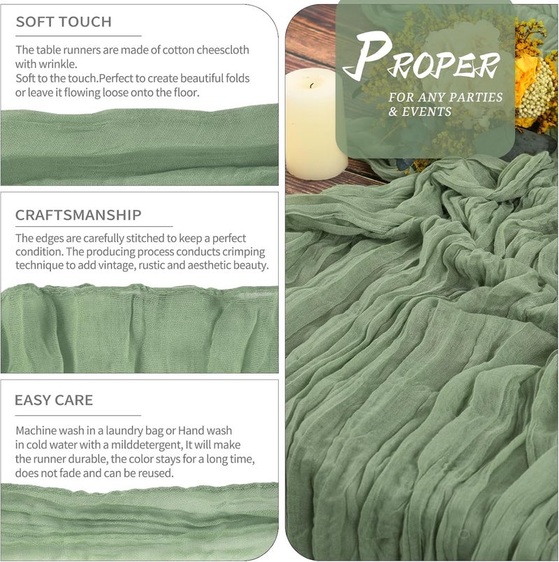 YMHPRIDE Pack of 6 Cheesecloth Table Runners, Sage Green, 90 x 300 cm, Green Rustic Gauze Fabric, Boho Table Runner, Cheesecloth Table Runner, Wedding Tablecloth for Wedding Party, Bridal Shower Table - Image 3
