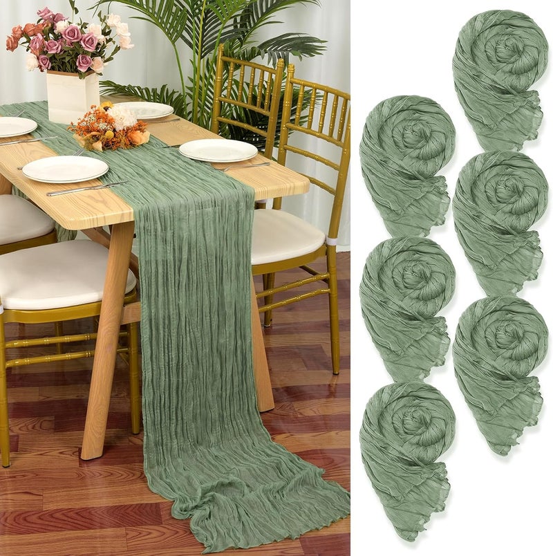 YMHPRIDE Pack of 6 Cheesecloth Table Runners, Sage Green, 90 x 300 cm, Green Rustic Gauze Fabric, Boho Table Runner, Cheesecloth Table Runner, Wedding Tablecloth for Wedding Party, Bridal Shower Table - Image 1
