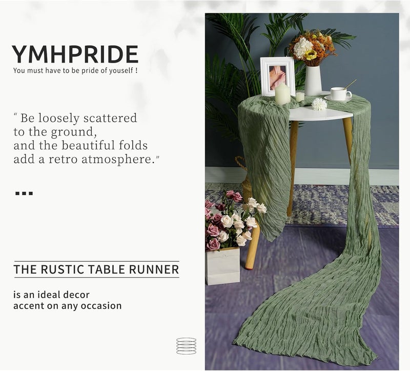 YMHPRIDE Pack of 6 Cheesecloth Table Runners, Sage Green, 90 x 300 cm, Green Rustic Gauze Fabric, Boho Table Runner, Cheesecloth Table Runner, Wedding Tablecloth for Wedding Party, Bridal Shower Table - Image 4