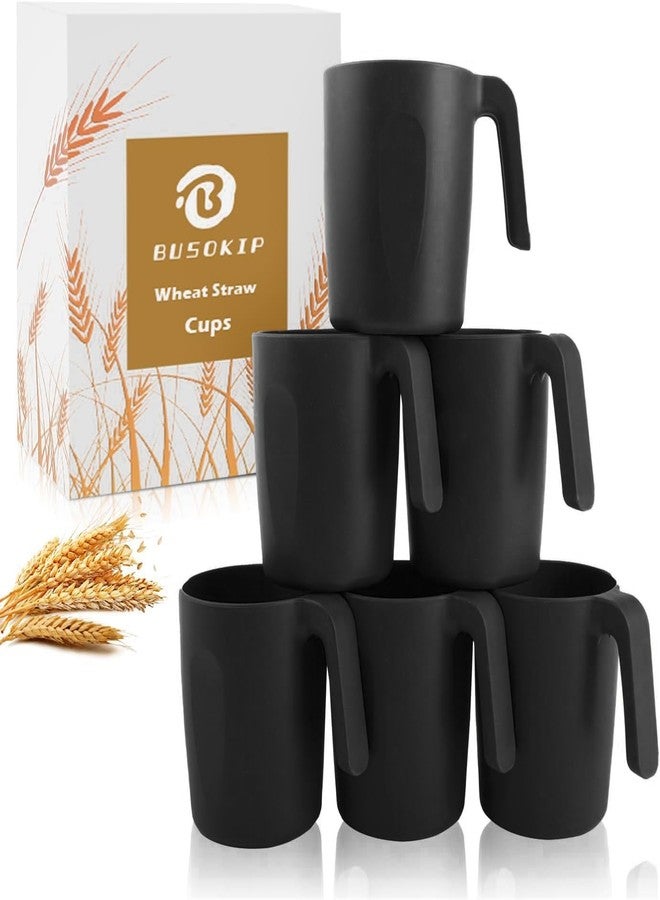 BUSOKIP Wheat Straw Coffee Cups 16 OZ, Wheat Straw Cups with Handles, Unbreakable & Stacking Coffee Mugs Set of 6, Microwave & Dishwasher Safe Drinking Cups for Party, Camping, Kitchen - Black - Image 1
