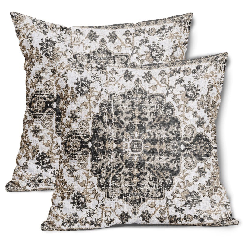 Black White Grey Ethnic Boho Throw Pillow Covers 18X18 Inches Set of 2 Bohemian Carpet Vintage Pillow Cases Black Gray Floral Rug Pillow Cover Farmhouse Home Decor for Room Couch Patio Porch Outdoor