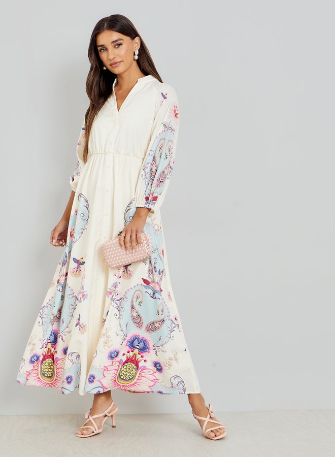 Off White Floral Print Shirt Maxi Dress