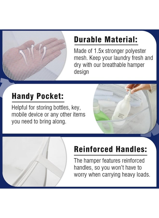 TYCOM Pop Up Laundry Mesh Hamper Basket 90L Storage Solution Compact Bin Mesh Collapsible Bag Laundry Hamper Collapsible Laundry Basket White Square.  - Image 3