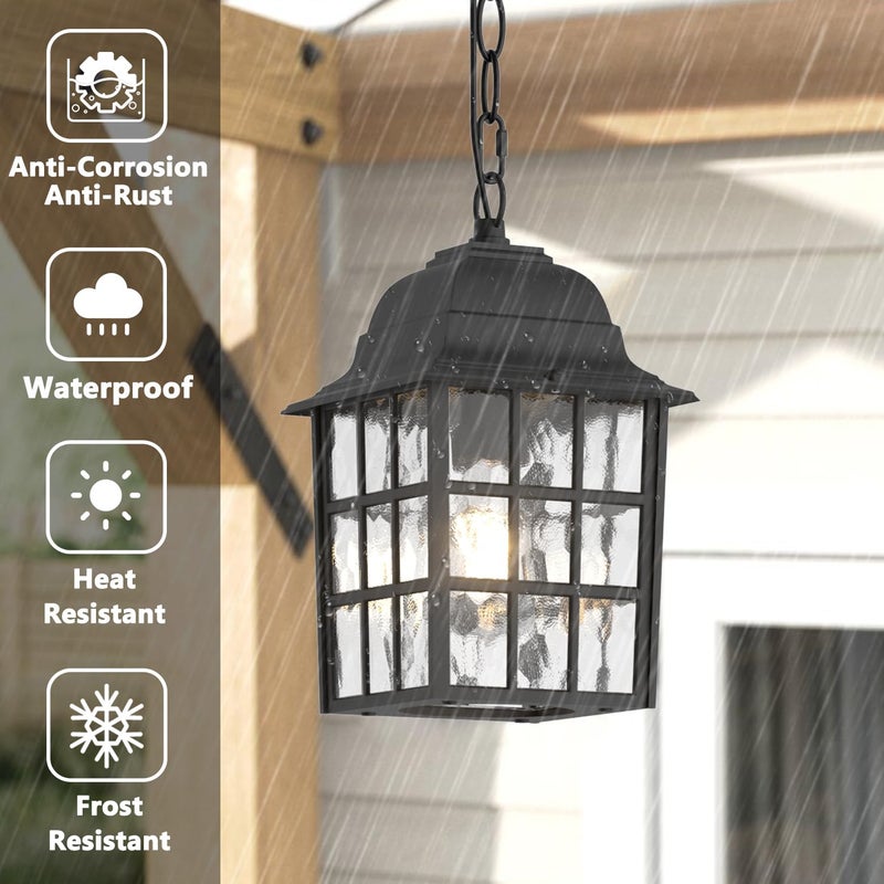 Aoceley Outdoor Pendant Light, Exterior Ceiling Hanging Lantern Porch Light with Water Glass, Outdoor Hanging Lantern Light Black Exterior Pendant Lighting Fixture for Porch, Yard, Gazebo - Image 3