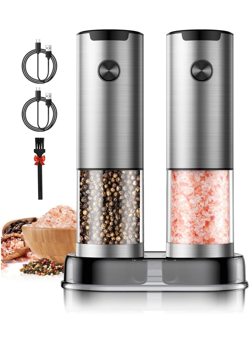 Oasisgalore 2 Pack Electric Salt and Pepper Grinder Set, One-Touch Operation with LED Light & Adjustable Coarseness, Stainless Steel Battery Powered Mill for Kitchen - Image 1