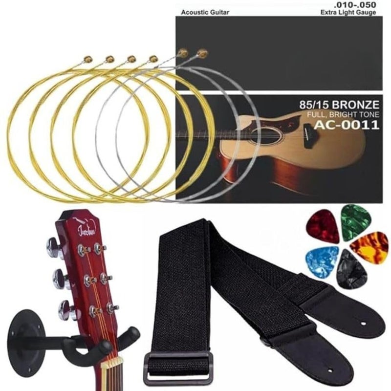 Mocking Bird Guitar strap with guitar String set and Hanger |Guitar Belt for Acoustic Adjustable Buckle and Guitar Strings Set of 6 Stainless Steel for Acoustic Guitars with Hollow Ball End - Image 1