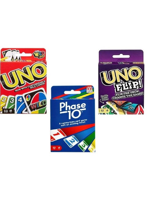 Mattel Uno, Flip and Phase 10 Card Game, Combo Pack of 3