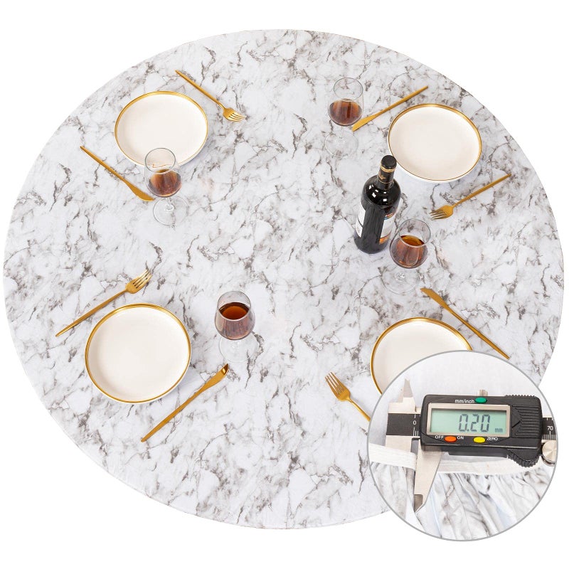 UMINEUX Round Fitted Vinyl Tablecloth with Elastic Edged & Flannel Backing  Waterproof Wipeable Round Table Cover for Indoor Outdoor Patio Use - Fits Tables up to 45"" - 56"" Diameter(WhiteMarble)