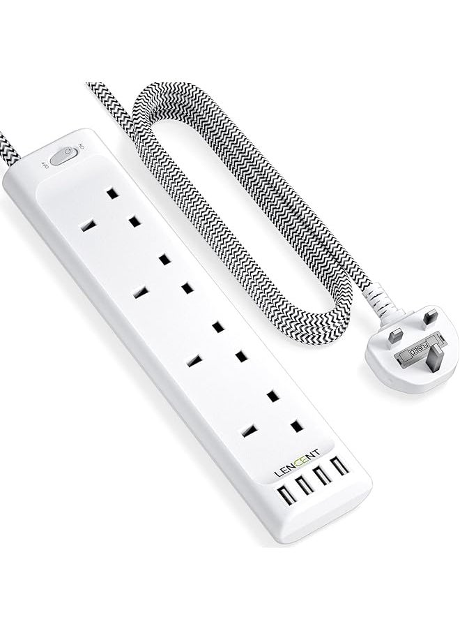 Lencent LENCENT Power Strip with USB Slots, 4 Way Outlets Extension Lead with USB-C & 3 USB-A Ports, Multi Power Plug Extension with 1.8M Braided Extension Cord for Home Office, 3250W 13A  - Image 1