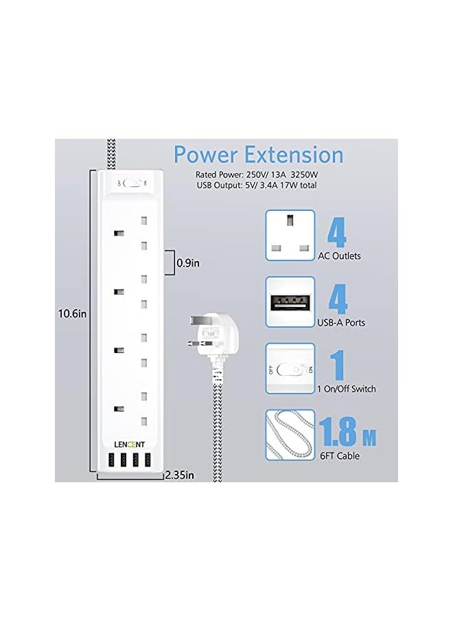 Lencent LENCENT Power Strip with USB Slots, 4 Way Outlets Extension Lead with USB-C & 3 USB-A Ports, Multi Power Plug Extension with 1.8M Braided Extension Cord for Home Office, 3250W 13A  - Image 2