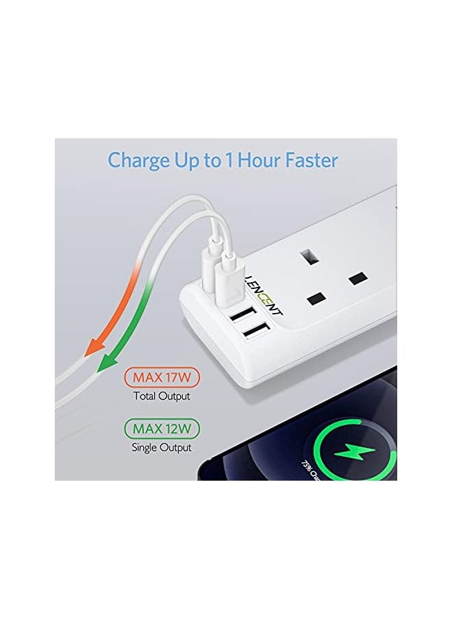 Lencent LENCENT Power Strip with USB Slots, 4 Way Outlets Extension Lead with USB-C & 3 USB-A Ports, Multi Power Plug Extension with 1.8M Braided Extension Cord for Home Office, 3250W 13A  - Image 3