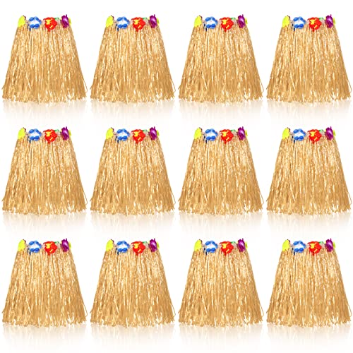 Tarpop 12 Pcs Hawaiian Hula Grass Skirts for Kids 40 cm Grass Skirts for Girls Luau Party Birthday Decoration Festive Show(Hay Color) - Image 1
