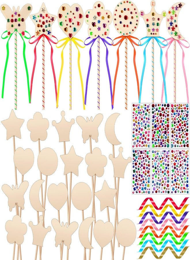 Chumia 42 Pcs Princess Fairy Wands Kit Include 28 Wooden Princess Wand, 6 Gem Stickers, 8 Ribbons, Birthday Party Supplies, Unfinished DIY Moon Butterfly Make Your Own Wand - Image 1