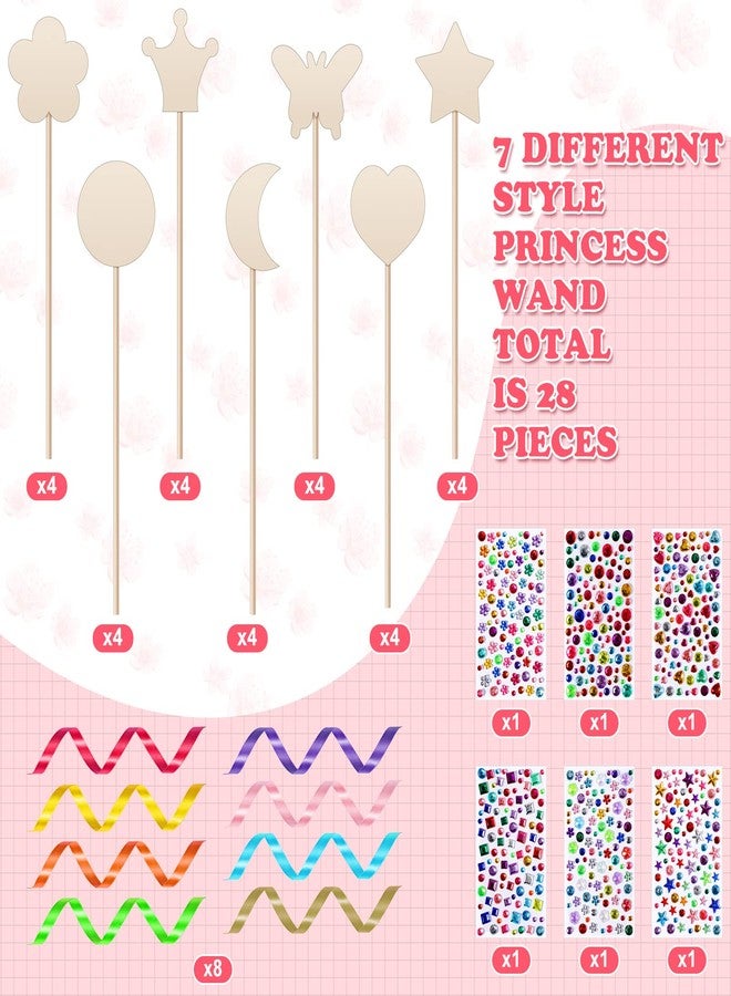 Chumia 42 Pcs Princess Fairy Wands Kit Include 28 Wooden Princess Wand, 6 Gem Stickers, 8 Ribbons, Birthday Party Supplies, Unfinished DIY Moon Butterfly Make Your Own Wand - Image 2