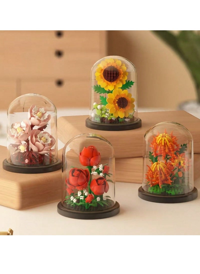Everlasting Flower Building Block Arrangements - DIY Miniature Floral Models, Including Lily, Jasmine, Tulip, Rose, and Hibiscus, Perfect for Home Decoration, Creative Gift Ideas for Birthdays, Valentine's Day, Easter, and Other Holidays, Complete with Dust Cover and Base  - Image 4