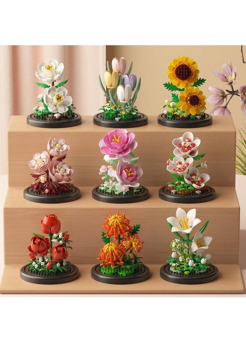 Everlasting Flower Building Block Arrangements - DIY Miniature Floral Models, Including Lily, Jasmine, Tulip, Rose, and Hibiscus, Perfect for Home Decoration, Creative Gift Ideas for Birthdays, Valentine's Day, Easter, and Other Holidays, Complete with Dust Cover and Base  - Image 3