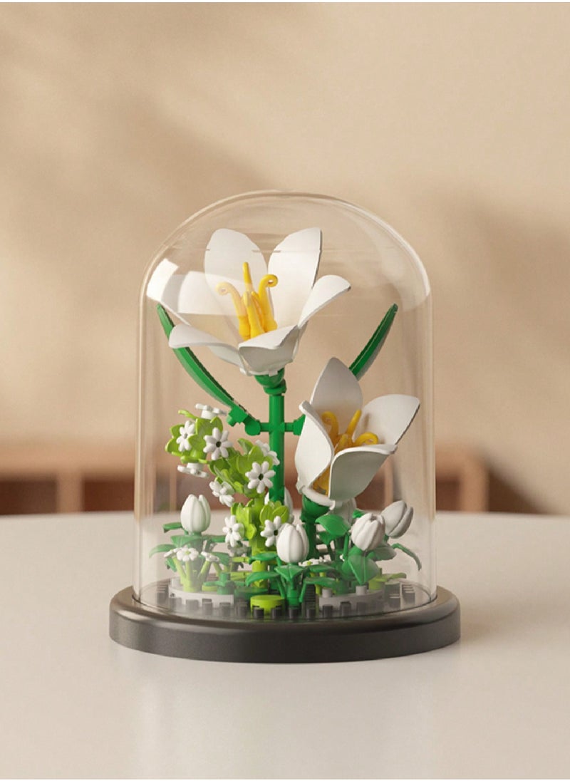 Everlasting Flower Building Block Arrangements - DIY Miniature Floral Models, Including Lily, Jasmine, Tulip, Rose, and Hibiscus, Perfect for Home Decoration, Creative Gift Ideas for Birthdays, Valentine's Day, Easter, and Other Holidays, Complete with Dust Cover and Base  - Image 5