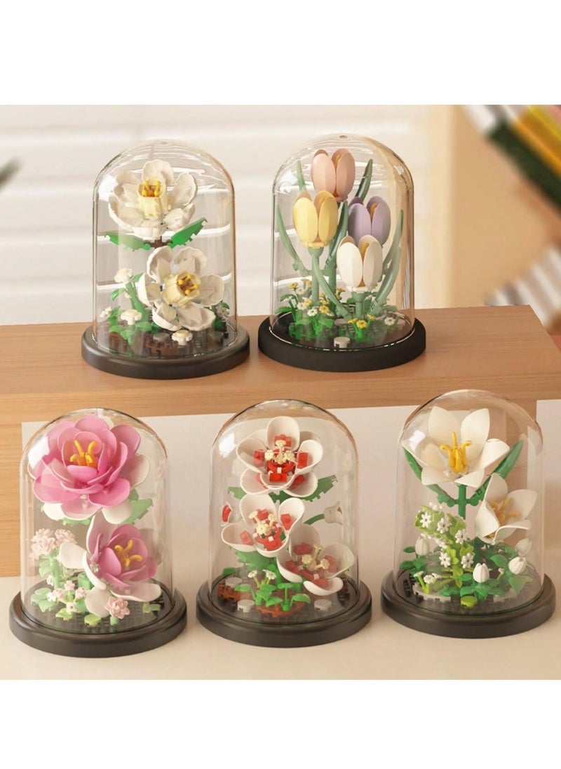 Everlasting Flower Building Block Arrangements - DIY Miniature Floral Models, Including Lily, Jasmine, Tulip, Rose, and Hibiscus, Perfect for Home Decoration, Creative Gift Ideas for Birthdays, Valentine's Day, Easter, and Other Holidays, Complete with Dust Cover and Base  - Image 1