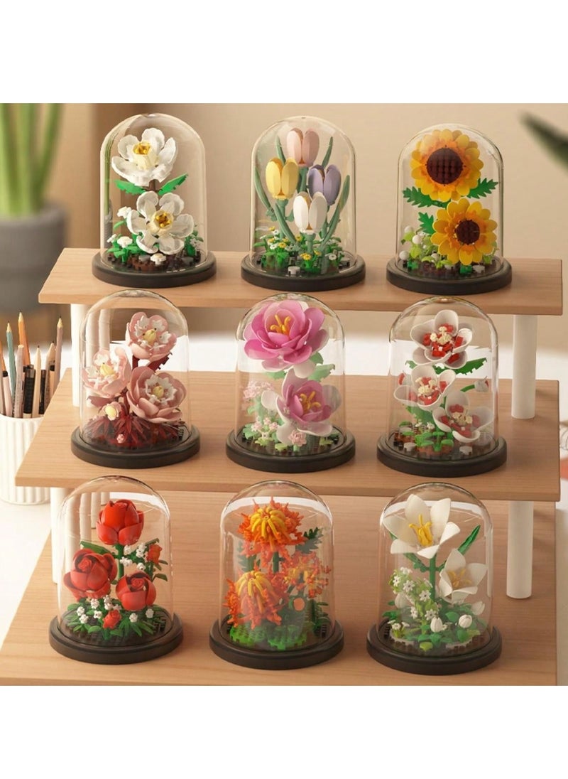 Everlasting Flower Building Block Arrangements - DIY Miniature Floral Models, Including Lily, Jasmine, Tulip, Rose, and Hibiscus, Perfect for Home Decoration, Creative Gift Ideas for Birthdays, Valentine's Day, Easter, and Other Holidays, Complete with Dust Cover and Base  - Image 2