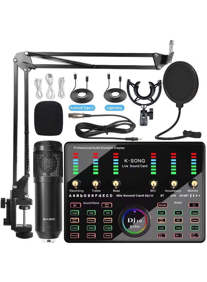 حزمة ميكروفون وبطاقة صوت احترافية ZFSZ مع طقم ميكروفون مكثف BM-800، خلاط صوت Dj10، ذراع بوم قابل للتعديل، فلتر بوب للبث المباشر، الفلوغ، البودكاست - Image 1
