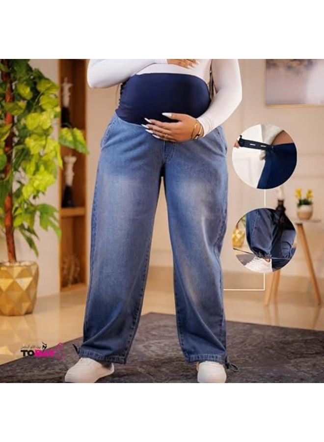 توباي جينز وايد  ليج للحوامل مع رباط في الرجل – قصة واسعة مريحة، بطن مرن، تصميم عصري عملي لجميع مراحل الحمل - Image 2