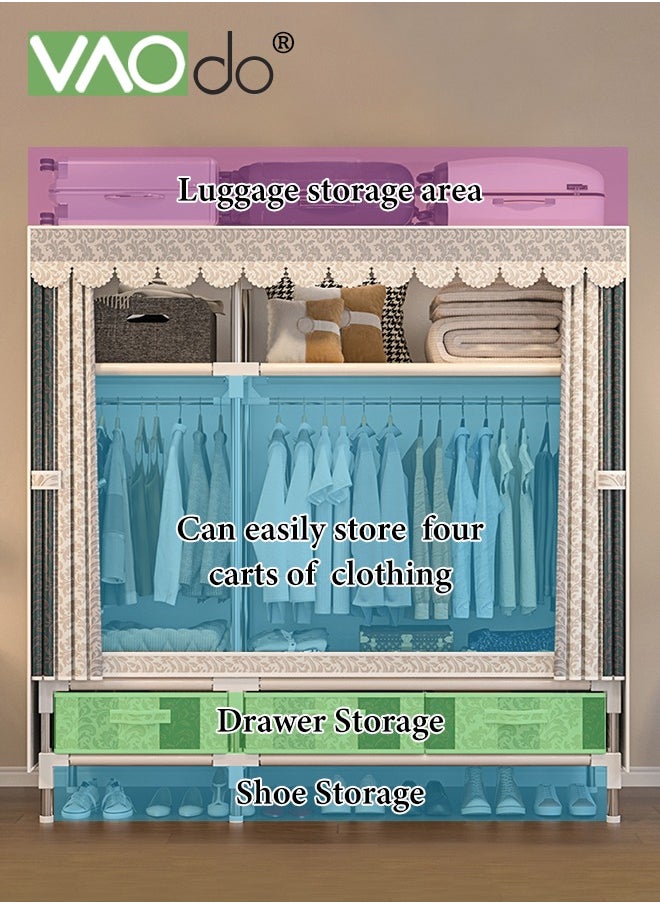 VAOdo - Large Portable Wardrobe Closet with 3 Hanging Rods and Drawers Metal Storage Wardrobe Clothes Rack Easy installation with Dust Cover Closet - Image 1