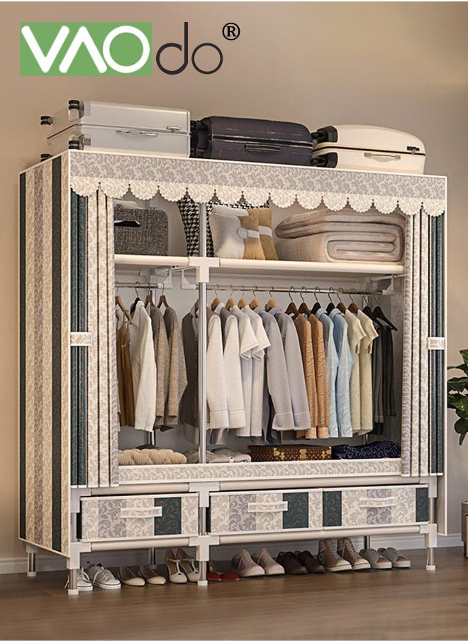 VAOdo - Large Portable Wardrobe Closet with 3 Hanging Rods and Drawers Metal Storage Wardrobe Clothes Rack Easy installation with Dust Cover Closet - Image 1