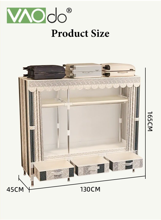 VAOdo - Large Portable Wardrobe Closet with 3 Hanging Rods and Drawers Metal Storage Wardrobe Clothes Rack Easy installation with Dust Cover Closet - Image 1