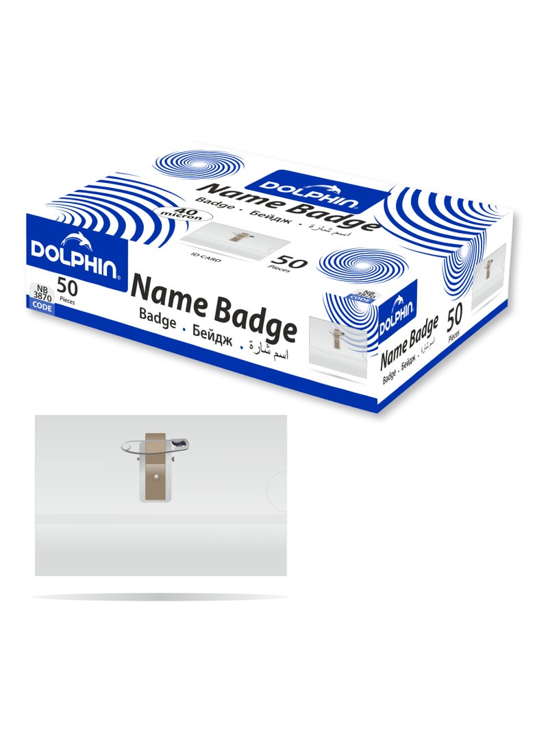 Dolphin Clear Plastic Name Badge Holders with Clip, Waterproof & Secure, Pack of 50