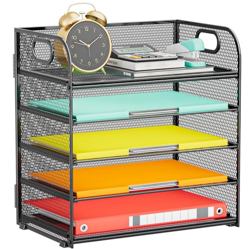 Kinkota Paper Organizer Letter Tray with Handle 5Tier Black Stackable Desk Organizer with Metal Mesh Sturdy Paper Tray for Office Desk Home Classroom Supplies Storage - Image 1