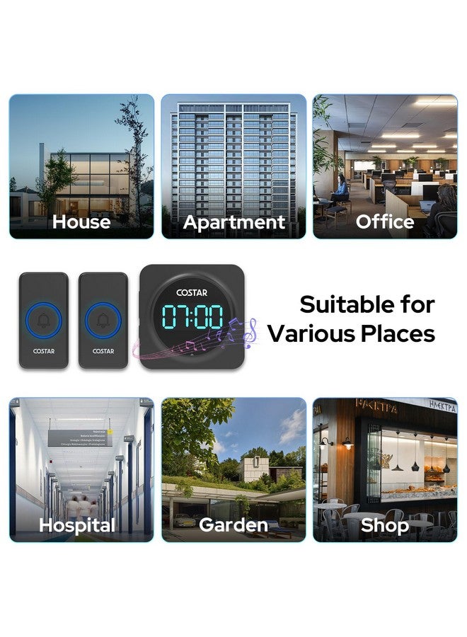 Costar Door Bell - Calling Bell Wireless with 24-Hour Time Display, Wireless Doorbell for Home, 1000ft Range Operating with 58 Chimes, 5 Levels Adjustable Volume(Pebble 705 Black 2 Push Button) - Image 5
