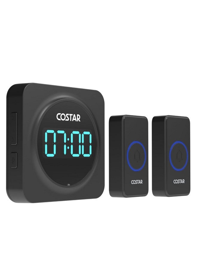 Costar Door Bell - Calling Bell Wireless with 24-Hour Time Display, Wireless Doorbell for Home, 1000ft Range Operating with 58 Chimes, 5 Levels Adjustable Volume(Pebble 705 Black 2 Push Button) - Image 1