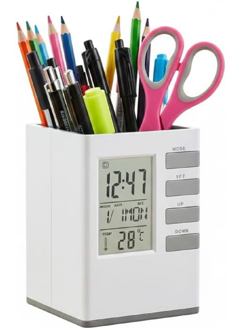 Multifunctional Electronic Pen Holder with LCD Display - Creative Pen Holder for Students Adults Desk with Alarm Clock Desktop with Calendar Timer Temperature Desk Storage Supplies for Pen Holder - Image 1