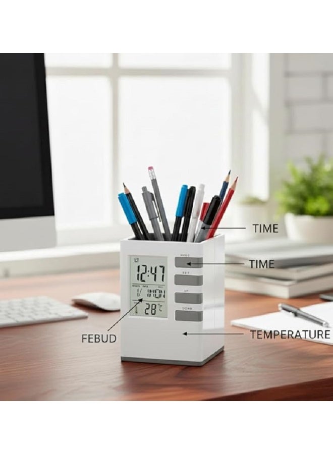 Multifunctional Electronic Pen Holder with LCD Display - Creative Pen Holder for Students Adults Desk with Alarm Clock Desktop with Calendar Timer Temperature Desk Storage Supplies for Pen Holder - Image 4