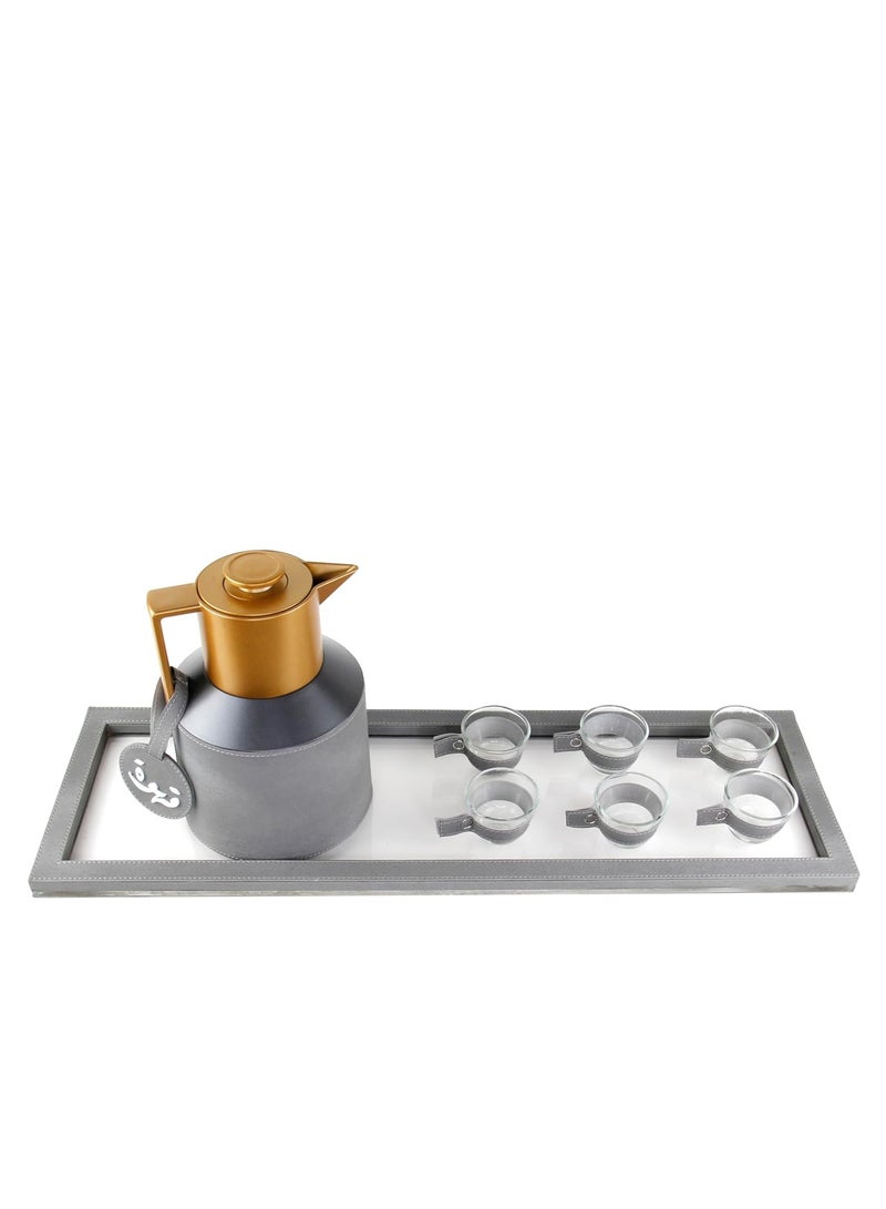 LAMSIT IBDAA Coffee Thermo Flask | Coffee and Tea Vacuum Pot - 1.0 Litre Dallah Arabic Carafe – Drink Cups – Leather Hospitality Set - Heat Insulated Dalla (Grey, Set of coffee with rectangular tray) - Image 2