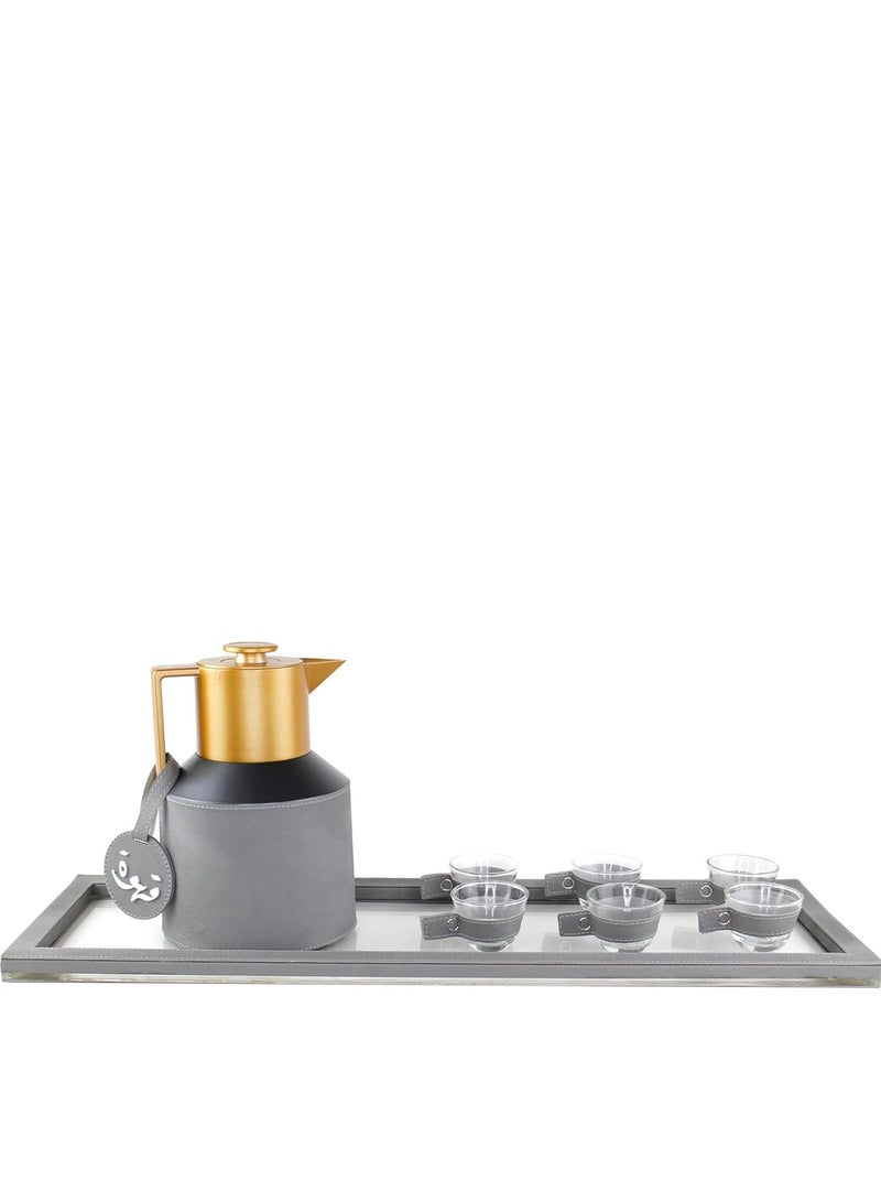 LAMSIT IBDAA Coffee Thermo Flask | Coffee and Tea Vacuum Pot - 1.0 Litre Dallah Arabic Carafe – Drink Cups – Leather Hospitality Set - Heat Insulated Dalla (Grey, Set of coffee with rectangular tray) - Image 1