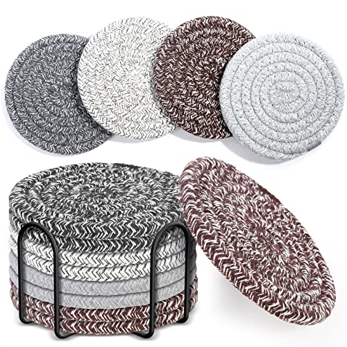 Mckanti 8 Pcs Coasters for Drink with Holder, 4 Colors Absorbent Coasters for Drinks, Minimalist Cotton Woven Coaster Set for Home Decor Tabletop Protection Suitable for Kinds of Cups, 4.3 Inches. - Image 1