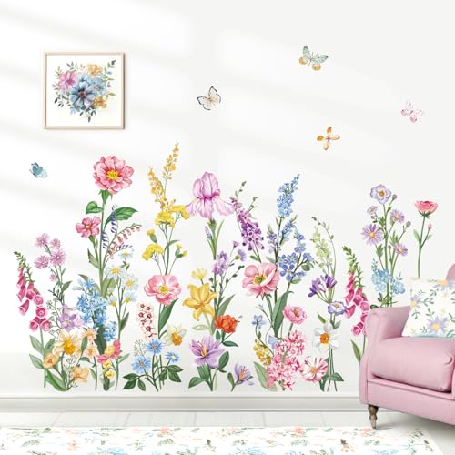 wondever Garden Flower Wall Stickers Wildflower Iris Daisy Floral Butterflies Peel and Stick Wall Art Decals for Bedroom Living Room Sofa - Image 3