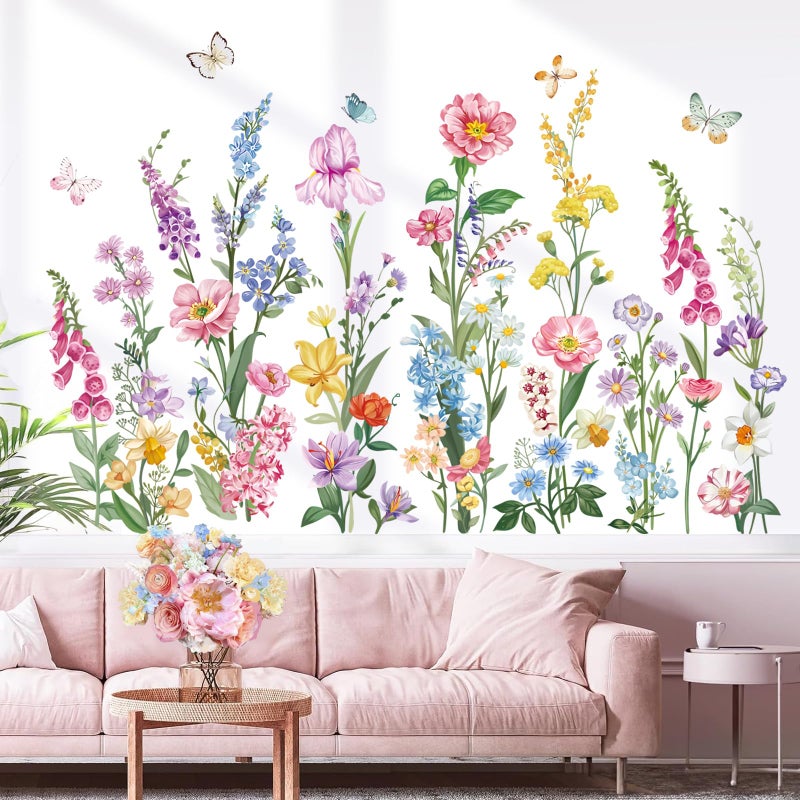 wondever Garden Flower Wall Stickers Wildflower Iris Daisy Floral Butterflies Peel and Stick Wall Art Decals for Bedroom Living Room Sofa - Image 2