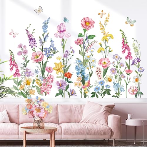 wondever Garden Flower Wall Stickers Wildflower Iris Daisy Floral Butterflies Peel and Stick Wall Art Decals for Bedroom Living Room Sofa - Image 1