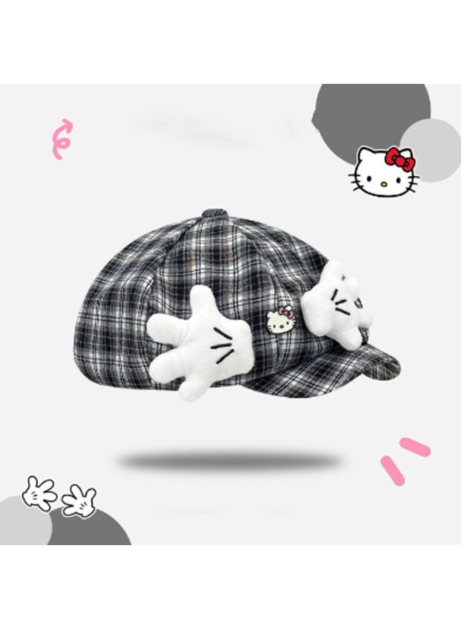 Hello Kitty قبعة بيري باللونين الأسود والأبيض مزينة بشخصية هالو كيتي وقفازات فاخرة 54-60 سم