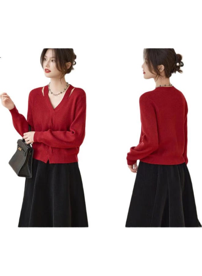 Dme "Elegant Lady" Spring And Autumn Hollow Out Twisted Flower V-Neck Velvet Yarn Knitted Sweater Women'S Top - Image 2